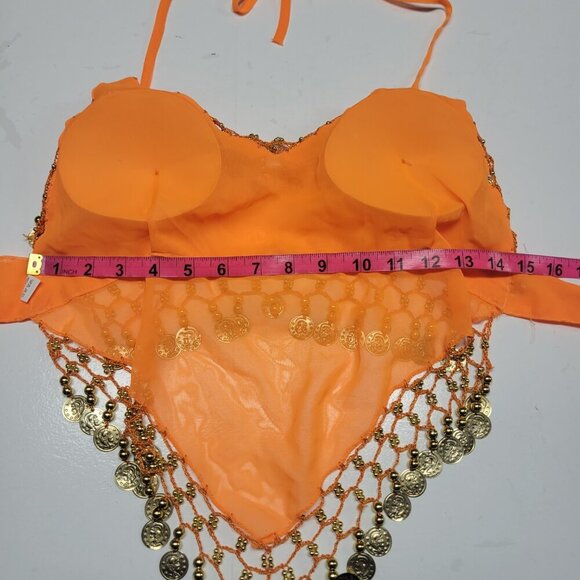 Orange Belly Dance Top with Gold Coins Halter Crop Top - Picture 4 of 10